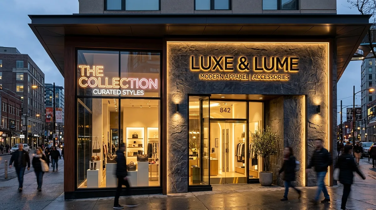 Fachada comercial moderna con letreros luminosos LED y neón flex por Trazza.me
