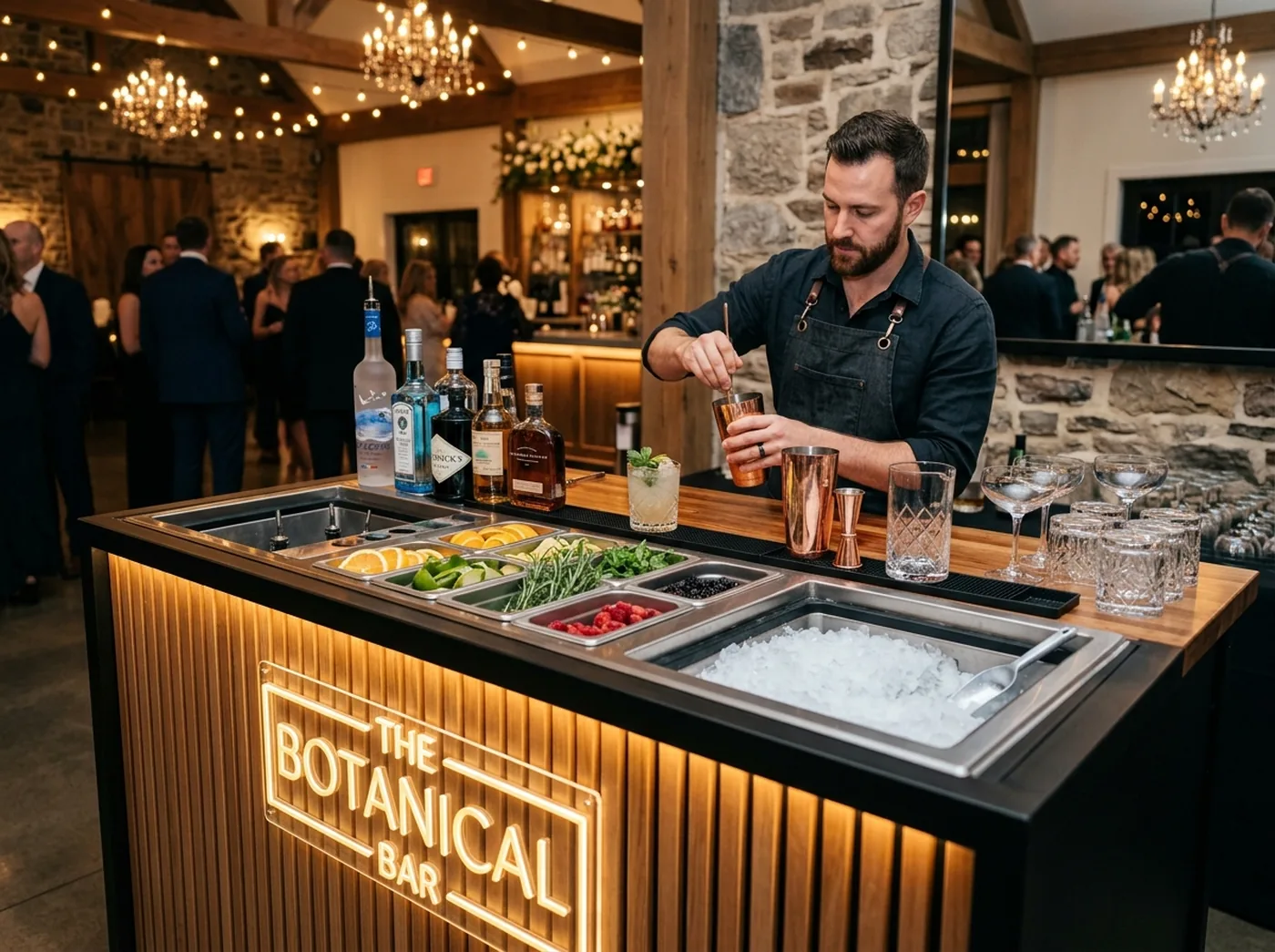 Barra móvil desarmable para coctelería y eventos por Trazza.me con letrero neón y bartender