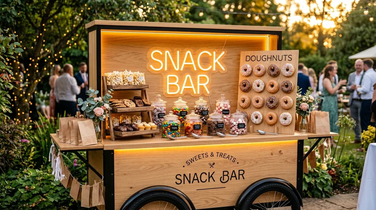 Barra móvil desarmable para snacks y candy bar con letrero neón por Trazza.me