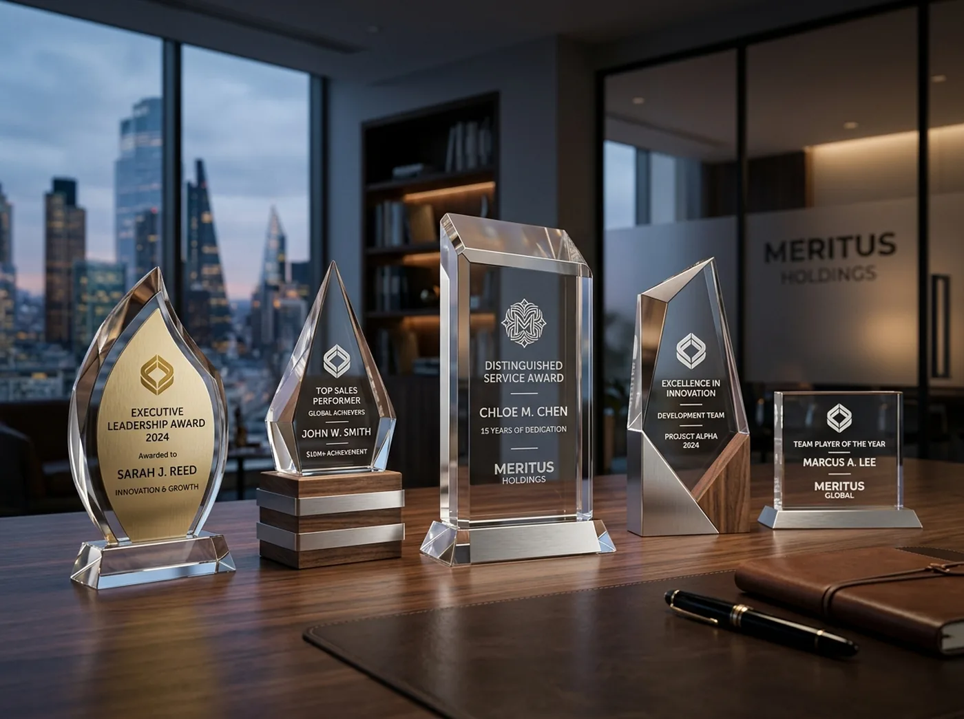 Colección de reconocimientos personalizados y trofeos corporativos de acrílico cristal y madera por Trazza.me