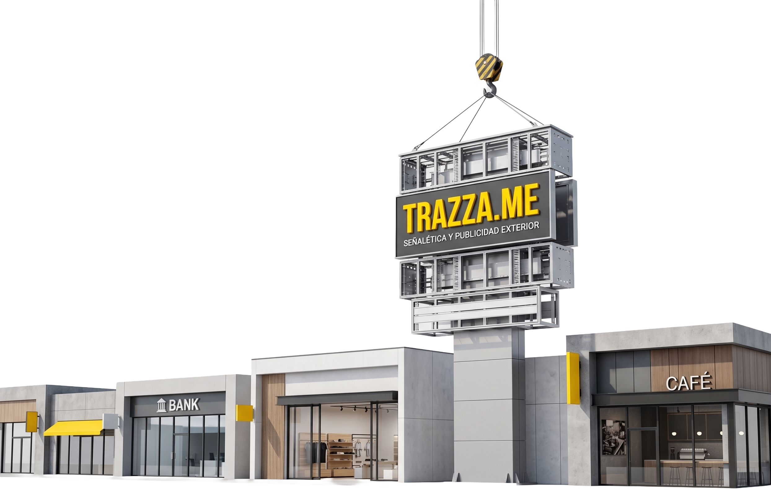 Fabricación CNC, Señalética Monumental y Publicidad Exterior Trazza.me con Grúa Especializada