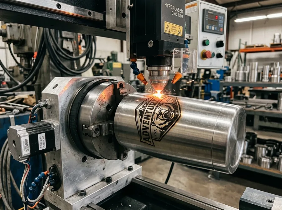 Máquina de grabado láser rotativo CNC grabando un vaso térmico cilíndrico