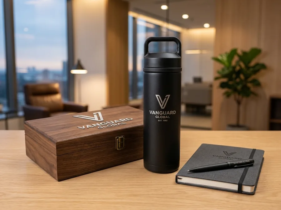 Kit de termo corporativo negro mate con grabado láser y caja de madera grabada