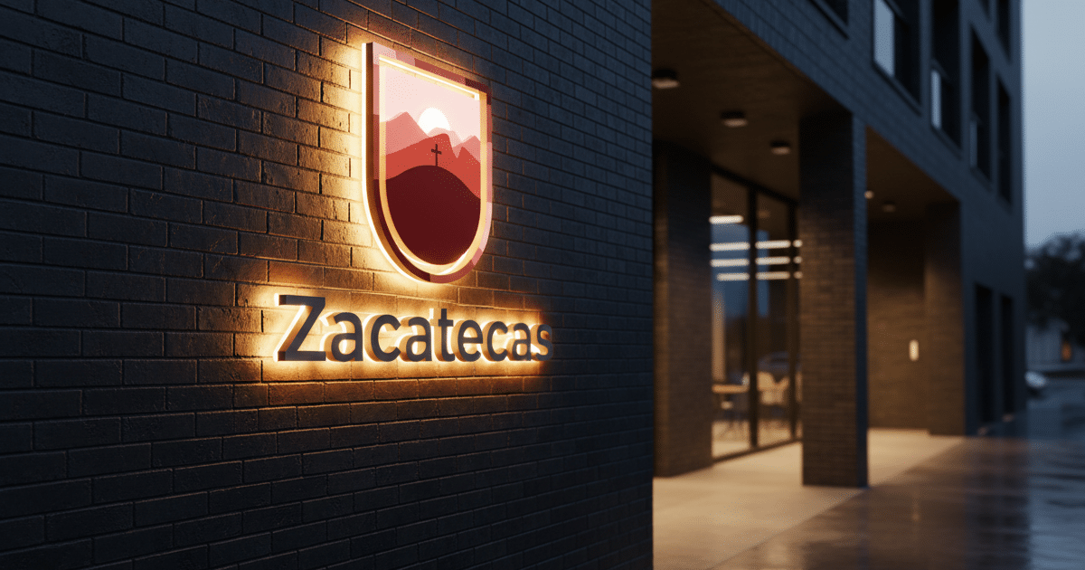 Primer plano de un elegante letrero 3D de acrílico con el logo estilizado de Zacatecas, iluminado intensamente en una moderna pared de ladrillo oscuro de un edificio gubernamental. El reflejo del letrero se ve en el pavimento mojado y la iluminación general es cálida y tenue.